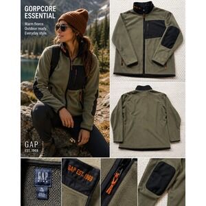 GAP Kids XL 12 Fleece Jacket Women M Olive Black Full Zip Gorpcore Outdoor Y2K